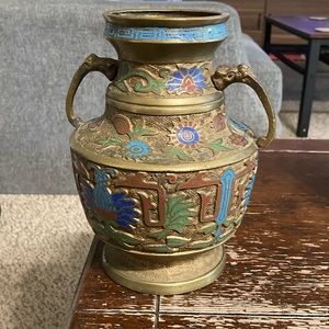 Antique Japanese champleve cloisonné metal vase with handles